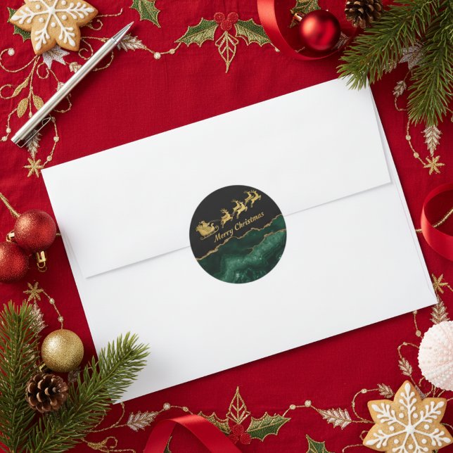 Elegant Green Gold Santa Sleigh Merry Christmas Runder Aufkleber (Von Creator hochgeladen)