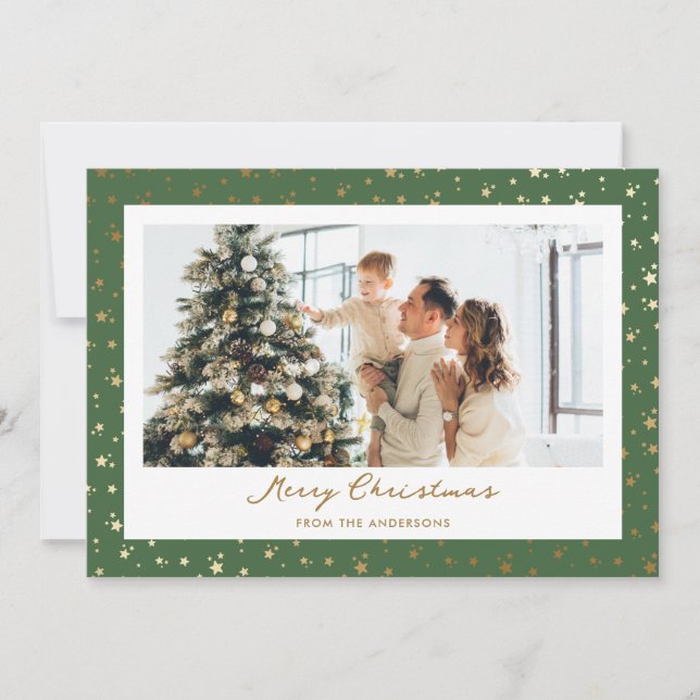 Elegant Green Gold Stars Foto Frohe Weihnachten (Vorderseite)