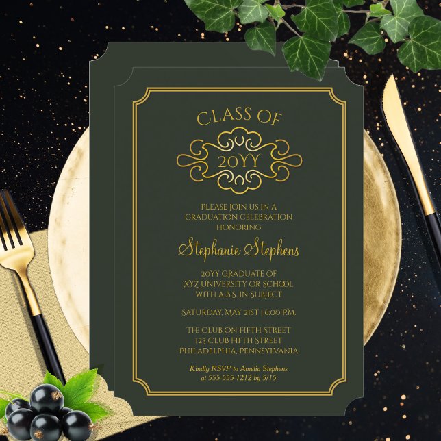 Elegant Green | Gold Uni-Abschluss Party Einladung (Elegant Green and Gold Tone College and University Graduation Announcement and Party Invitation)