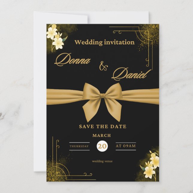 Elegant Green & Gold Wedding Invitation with Flora Einladung (Vorderseite)