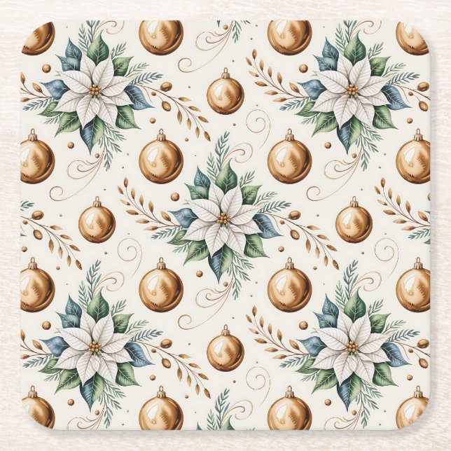 Elegant Green Gold White Christmas Poinsettia Rechteckiger Pappuntersetzer (Vorderseite)