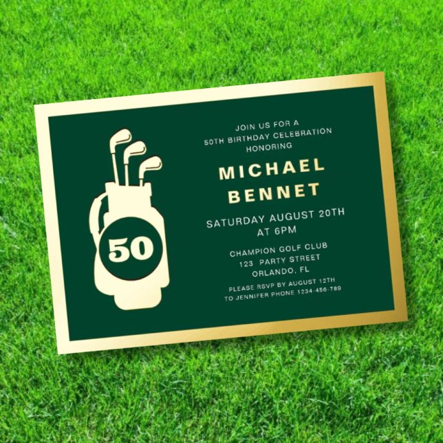 Elegant Green Golf 50th Birthday Gold Folieneinladung (Elegant Green Golf 50th Birthday Gold Foil Invitation)
