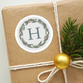 Elegant Green Grey Monogram Weihnachtskranz Runder Aufkleber