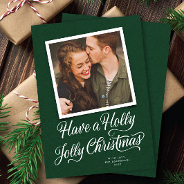 Elegant Green Holly Jolly Weihnachtsskript-Foto Feiertagskarte