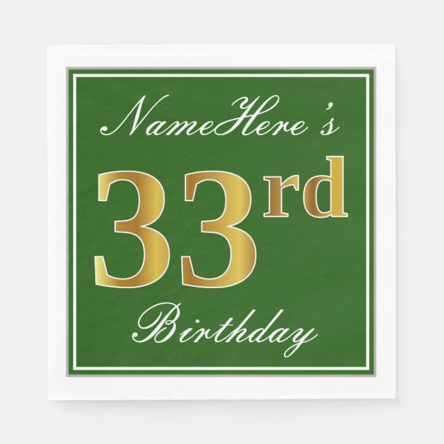 Elegant Green, Imitate Gold 33. Geburtstag + Name Serviette (Vorderseite)