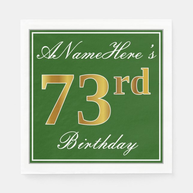 Elegant Green, Imitate Gold 73. Geburtstag + Name Serviette (Vorderseite)
