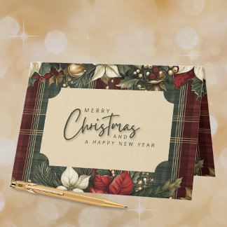 Elegant Green Kariert Red Poinsettia Frohe Weihnac Feiertagskarte