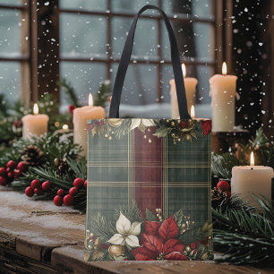 Elegant Green Kariert & Red Poinsettia Weihnachten