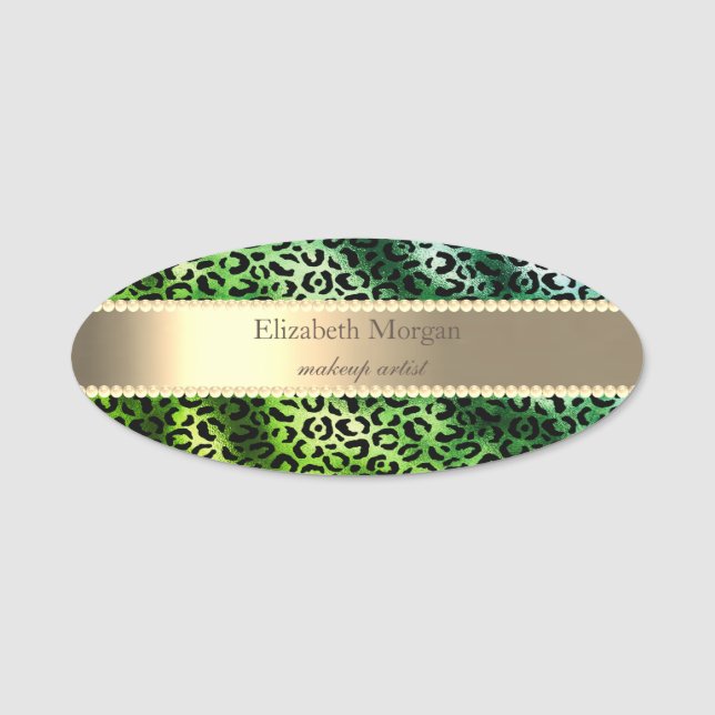 Elegant Green Leopard Print,Stripe, Pearls  Namensschild (Vorderseite)
