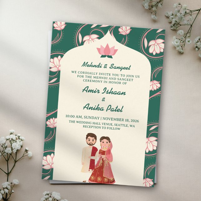 Elegant Green Lotus Lanterns Mehndi Sangeet Indian Einladung (Von Creator hochgeladen)