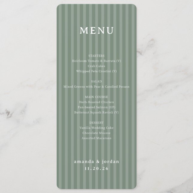 Elegant Green Menu Stripes Menükarte (Vorderseite)