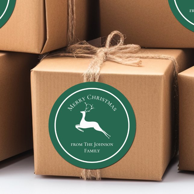 Elegant Green Merry Weihnachts Rentier Custom Gift Runder Aufkleber (Von Creator hochgeladen)