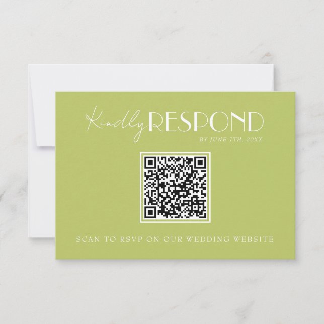 Elegant Green Minimalist QR Code Wedding RSVP Karte (Vorderseite)