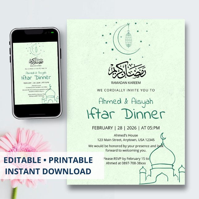 Elegant Green Mint Crescent Mosque Iftar Dinner Einladung (Von Creator hochgeladen)
