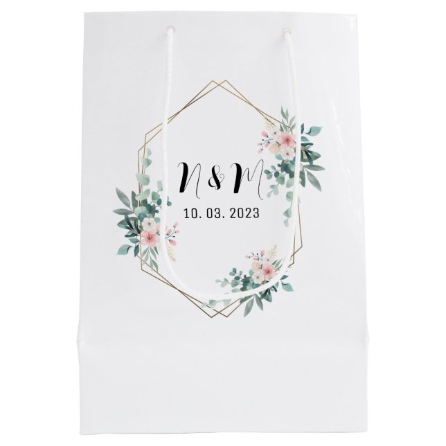 Elegant Green Monogram Eucalyptus Wedding Mittlere Geschenktüte (Rückseite)