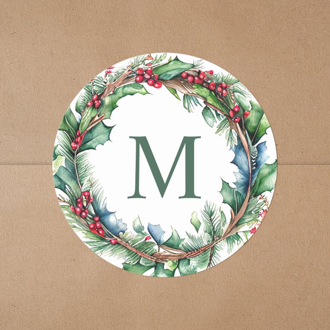 Elegant Green Monogram Ursprünglicher Weihnachtsre Runder Aufkleber (Von Creator hochgeladen)