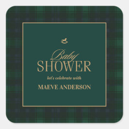 Elegant Green navy gold Plaid tartan Baby shower Quadratischer Aufkleber