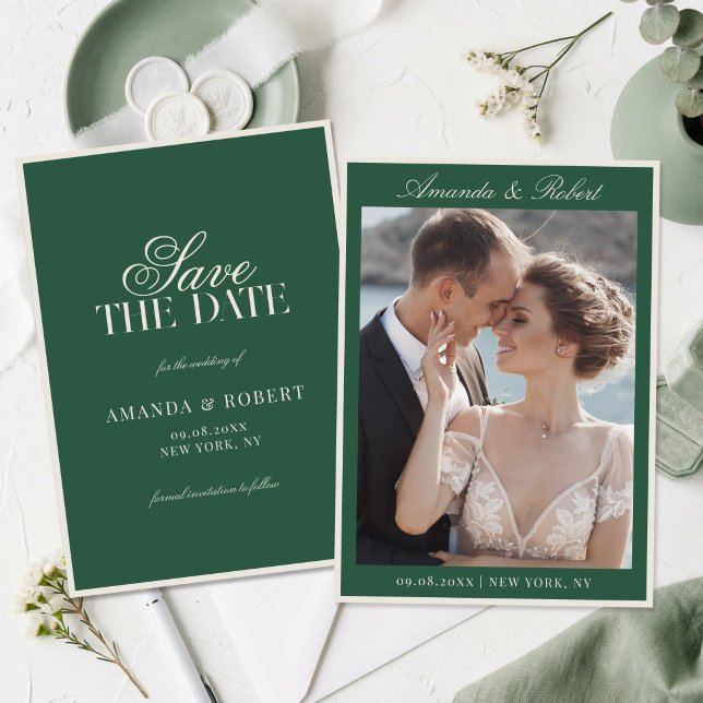 Elegant Green Old Money Photo Wedding Save The Date (Von Creator hochgeladen)