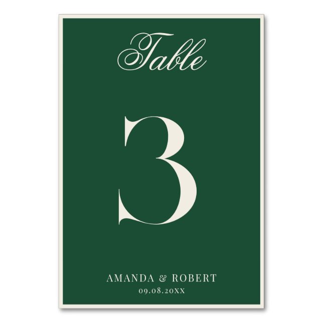 Elegant Green Old Money Wedding Tischnummer (Vorderseite)