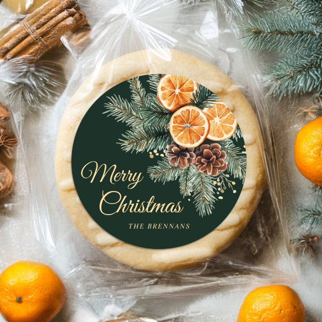 Elegant Green Orange Citrus Merry Weihnachten Runder Aufkleber (Elegant Green Orange Citrus Merry Christmas Classic Round Sticker)