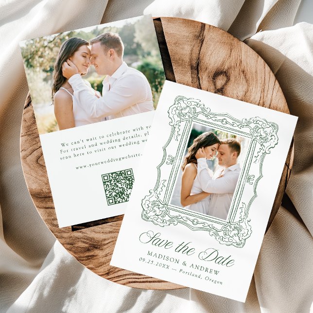 Elegant Green Ornate Frame 2 Photo QR Code Wedding Save The Date (Von Creator hochgeladen)