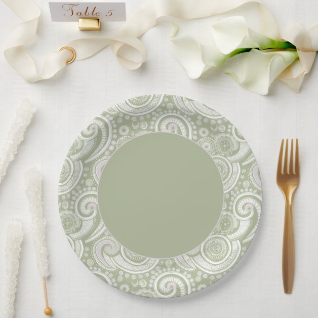 Elegant Green Paisley Border Pappteller (Hochzeit)