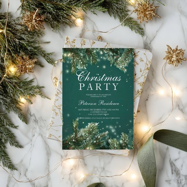 Elegant green pine snowy Holiday Christmas party Einladung (Elegant green pine snowy Holiday Christmas party Invitation)