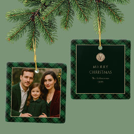 Elegant Green Plaid Personalized Photo  Keramikornament