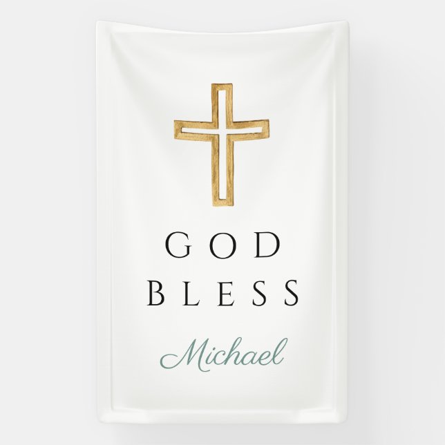 Elegant Green Religious Cross Boy God Bless Banner (Vertikal)