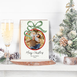 Elegant Green Ribbon Photo Christmas Card Feiertagskarte