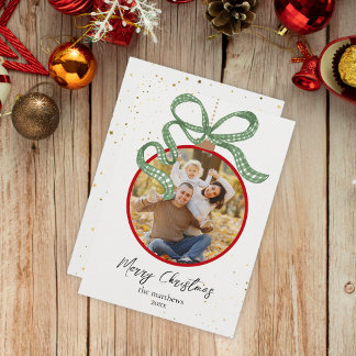 Elegant Green Ribbon Photo Christmas Card Feiertagskarte