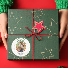 Elegant Green Ribbon Photo Christmas Runder Aufkleber