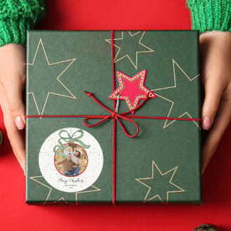 Elegant Green Ribbon Photo Christmas Runder Aufkleber