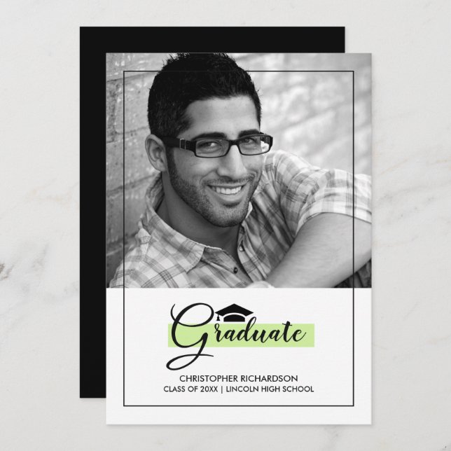 Elegant Green | Schwarze Graduierungsparty Foto Ca Einladung (Vorne/Hinten)