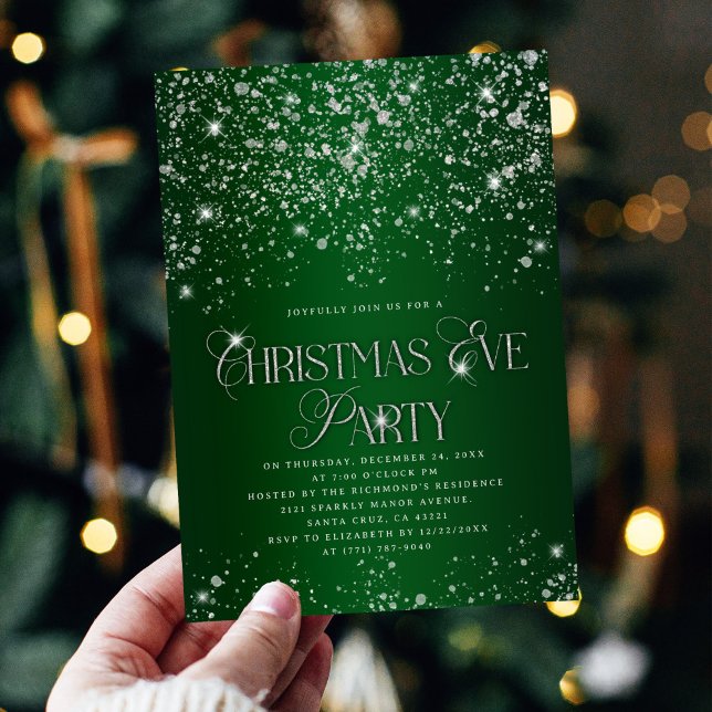 Elegant Green Silver Glitter Christmas Eve Party Einladung (Von Creator hochgeladen)