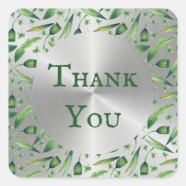 Elegant Green Silver Watercolor Floral Vielen Dank Quadratischer Aufkleber