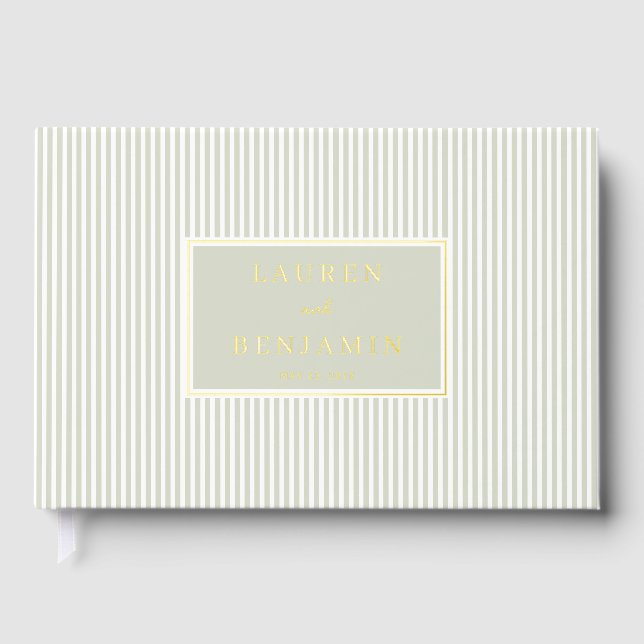 Elegant Green Striped Rectangle Gästebuch (Vorderseite)