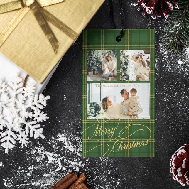 Elegant Green Tartan Family Photo Christmas Card Geschenkanhänger (Von Creator hochgeladen)