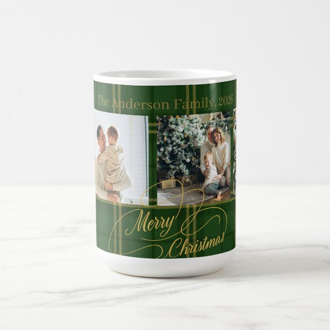 Elegant Green Tartan Family Photo Christmas Card Kaffeetasse (Mittel)