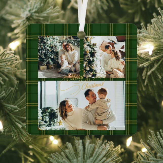 Elegant Green Tartan Family Photo Christmas Card Ornament Aus Metall (InSitu)