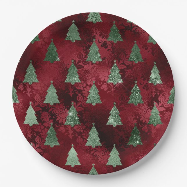 Elegant Green Trees Red Faux Foil Christmas  Pappteller (Vorderseite)