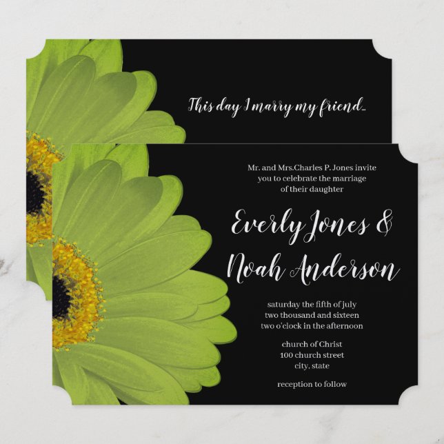 Elegant Green und Black Gerber Daisy Wedding Einladung (Vorne/Hinten)