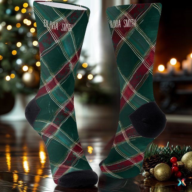 Elegant Green und Burgund Weihnachten Karierte Cus Socken (Von Creator hochgeladen)