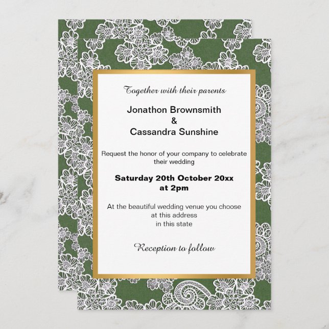 ELEGANT GREEN WHITE LACE WEDING INVITATION EINLADUNG (Vorne/Hinten)
