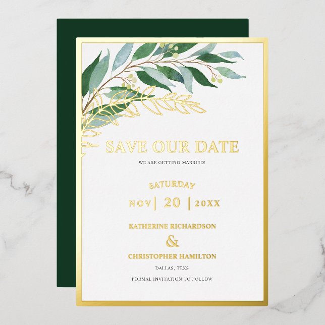 Elegant Greenerage Foliage Green Save the Date Folieneinladung (Vorderseite/Rückseite)