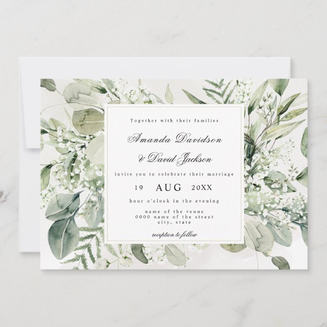 Elegant Greenerage Foliage White Floral Boho Weddi Einladung (Vorderseite)
