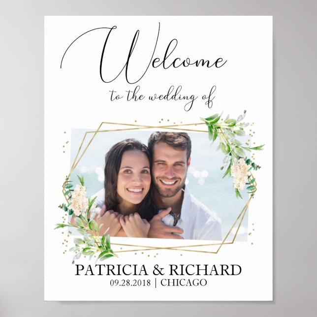 Elegant Greenerity Foto Wedding Welcome Sign Poster (Vorne)
