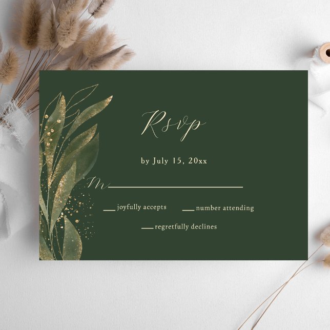 Elegant Greenerity Green and Gold Wedding RSVP Karte (Von Creator hochgeladen)