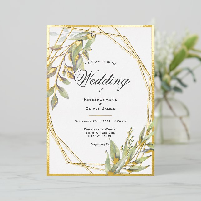 Elegant Greenerity Script Wedding Folieneinladung (Stehend vorne)