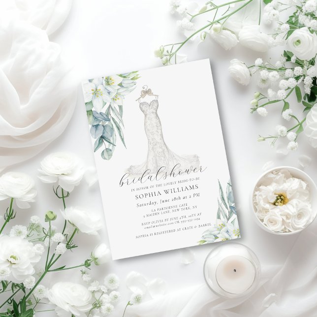 Elegant Greenerity Wedding Dress Brautparty Invit Einladung (This elegant bridal shower invite features a stunning, hand drawn wedding gown and white florals)